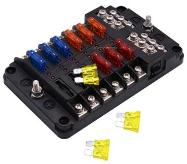 Fuse distributor with negative distributor and LEDs, 12 fuses