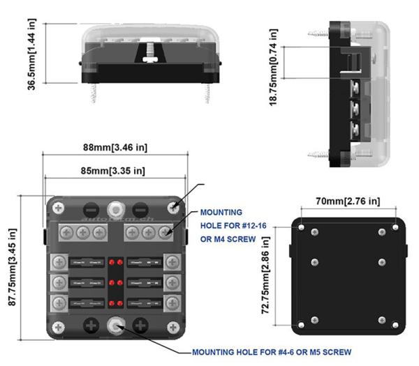 Fuse distributor with negative distributor and LEDs, 6 fuses