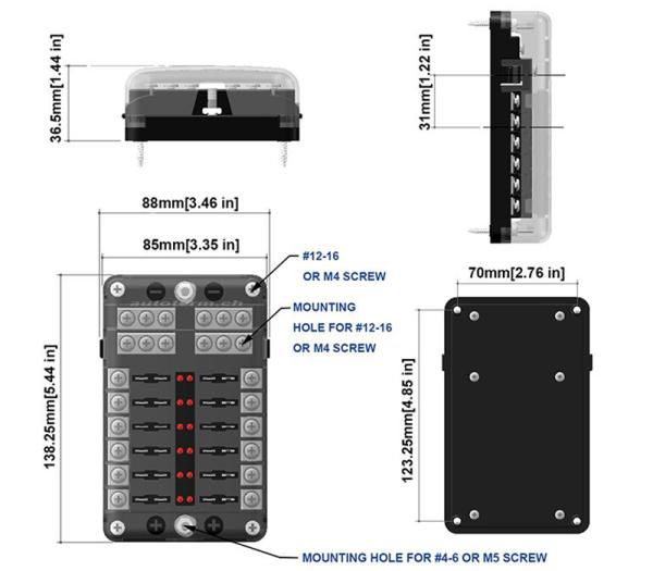 Fuse distributor with negative distributor and LEDs, 12 fuses